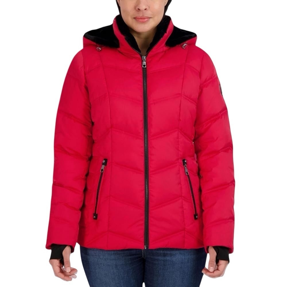 Nautica Women’s Red Water Resistant Faux Fur Hood Puffer Jacket Medium
